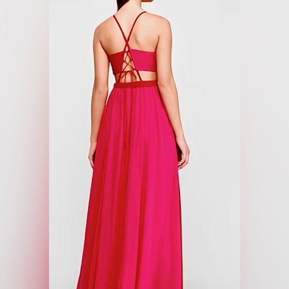 EXPRESS Red & Pink color block maxi dress w/cut outs & lace up back NEW RE $108+ - Picture 2 of 12